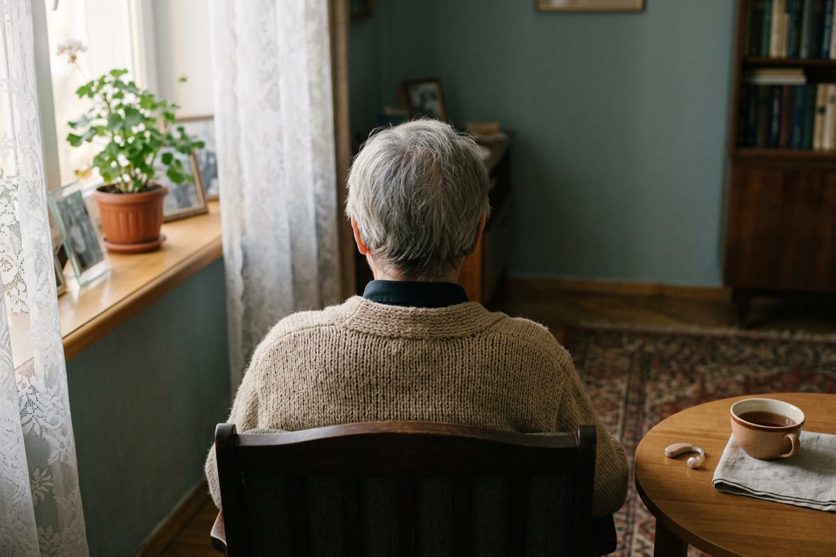 Пожилой человек со спины сидит в кресле, у окна растение, на столике рядом слуховой аппарат и чашка чая